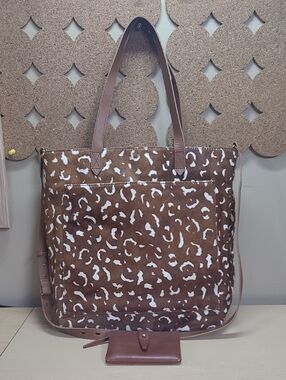 Madewell Printed Calf-Hair Medium Tote Pecan Like New *Bonus Zip Card Case